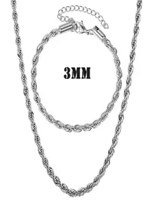 3mm Stainless Steel Twisted Rope Chain Necklace Choker Bracelet Jewelry Set Silver Color For Men Women