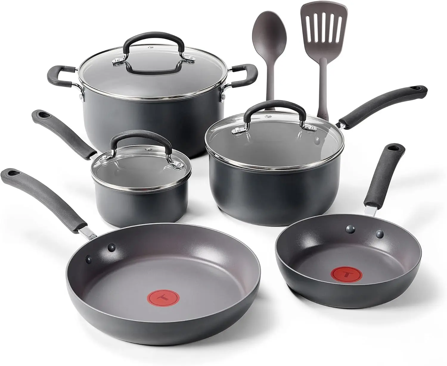 T-Fal Ultimate Hard Anodized Nonstick 10 Piece Cookware Set, Oven Safe Up to 400°F, Dishwasher Safe, Pots and Pans Set, Includes Frying Pans, Saucepan, Stockpot, Cooking Utensils, Grey