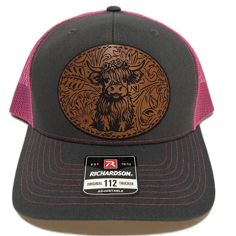 Richardson 112 Western Trucker Hat with Highland Cow Leatherette Patch, Comfortable Casual Wear for Everyday Clothes, Baseball Cap