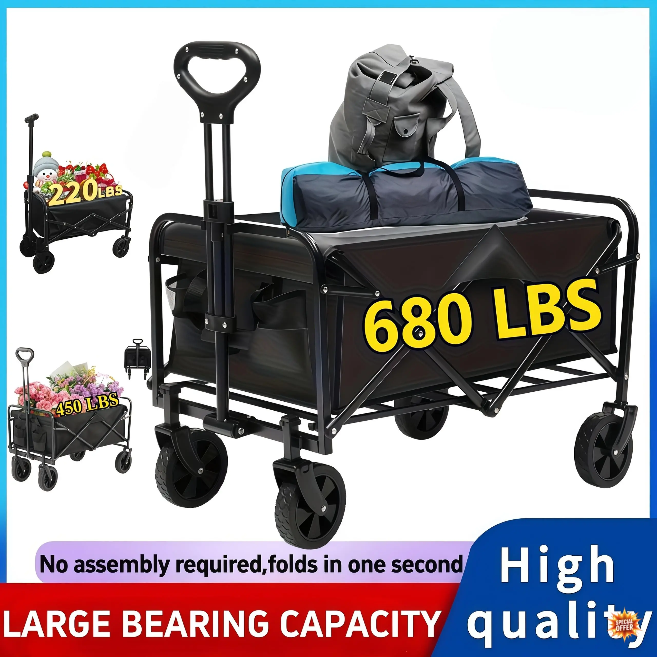 All Terrain Heavy Duty Folding Utility Cart - Large Capacity Camping, Yard, Shopping, Sports & Gardening Equipment Transport, Black, 220LBS/450LBS/680LBS