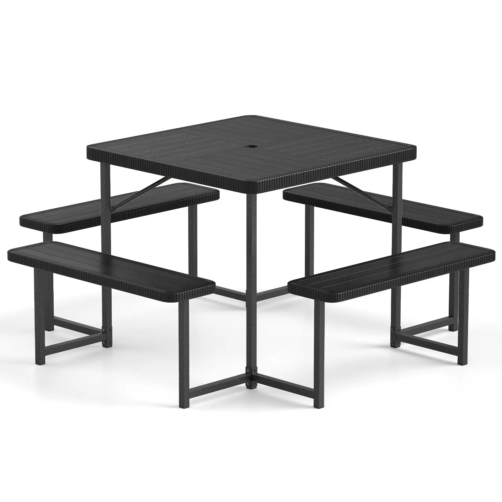COSTWAY - Outdoor Square Picnic Table Bench Set for 4-8 People with Umbrella Hole-Black