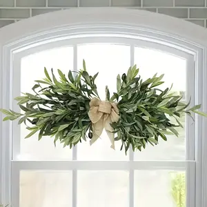 Artificial Olive Leaf Wreath with Country-Style Linen Bow - Plastic Green Plant Wall Decoration for Weddings, Christmas And June Festivals, Maintenance-Free Home Decoration, Farmhouse Door Wall Decoration, Holiday Embellishment | Elegant De Room Ornaments
