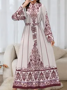 Luxurious Arabic Long Dress, Middle Eastern Style Sleeveless Maxi Dress, Elegant Loose Fit Party Gown, Geometric Print Fabric