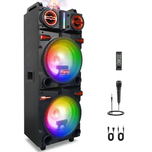 Portable Stereo Karaoke Big Loud Speaker Dual 10“ Subwoofer 3" Tweeter Deep Bass with Wired Mic, FM/AUX/MP3/USB/SD/Microphone In, Remote Control, Party Lights, Remote Control for Home Outdoor Party Gifts