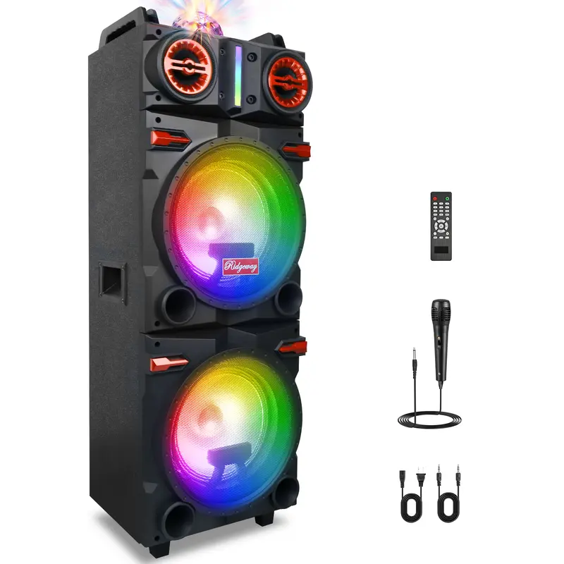 Portable Stereo Karaoke Big Loud Speaker Dual 10“ Subwoofer 3" Tweeter Deep Bass with Wired Mic, FM/AUX/MP3/USB/SD/Microphone In, Remote Control, Party Lights, Remote Control for Home Outdoor Party Gifts, Audio, Smartphone