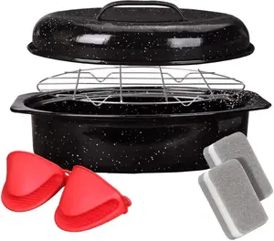 All-in-One Enamel Roasting Pan with Lid & Rack, Oven & Dishwasher Safe for Turkey and More, Comes with Silicone Handles & Cleaning Sponges, Available in 13inch and 16inch