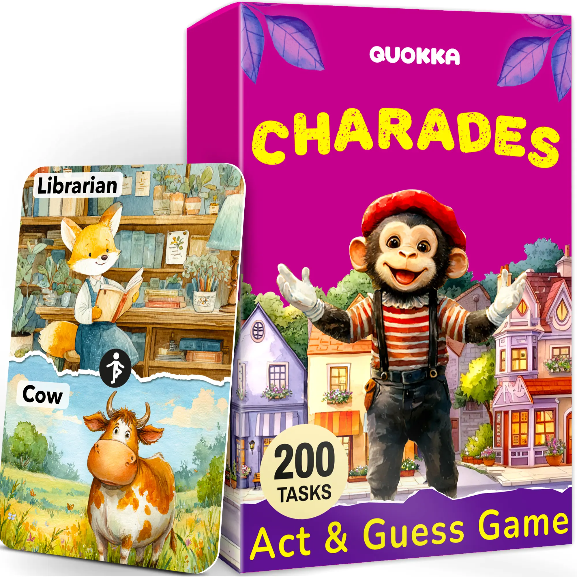 QUOKKA Charades for Kids Ages 4-8 – 200 Act & Guess Pantomime Tasks, 50 cards with Extra Twists