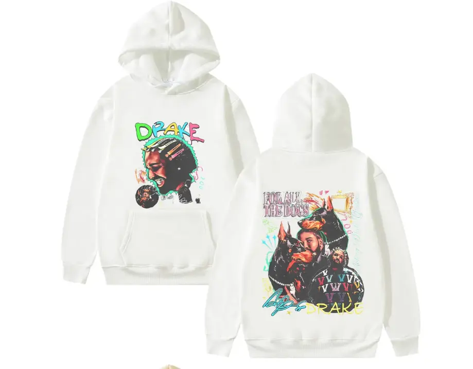 "White Hoodie with Drake Graphic Print, stylish hip-hop streetwear design, unisex cozy fleece, perfect for rap fans, concerts & casual outfits. #Drake #Hoodie #Streetwear #HipHopStyle #RapFashion"