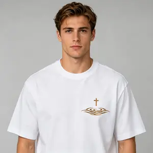 Men's Short-Sleeve Christian Sports T-Shirt - Arch Sunset Walking In Water Scripture Print, Front Chest Gold Cross, Water Ripple Design, Retro Soft Loose Casual Top For Religious Followers