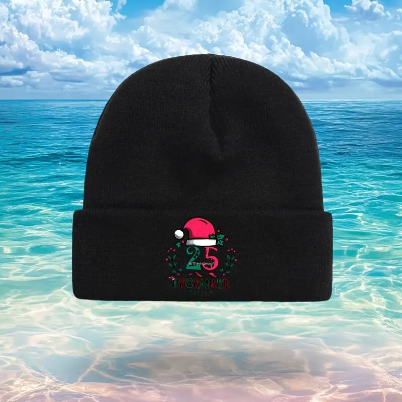 Unisex Vintage Christmas Knitted Beanie - Lightweight Knit, Universal Sport Hat, Santa Claus & Daisy Print, Heat-Insulating Skin-Friendly Stretchable Acrylic, Dry in Shade, Warm for Casual Holiday Parties & Outdoor Trips, 1-Size-Fits-All