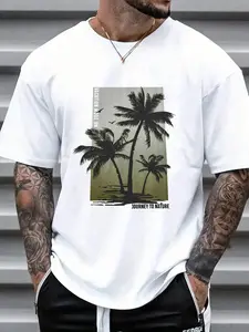 Men's Tropical Coconut Tree & Letter Print Drop Shoulder Sleep Tee, Regular Fit Casual Soft Comfortable Short Sleeve Round Neck PJ T-Shirt for Daily Wear, Sleepwear Loungewear Menswear for Men