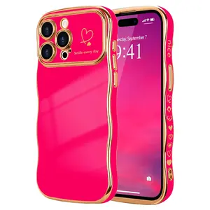iPhone Case for Women Girls [Compatible with MagSafe] Cute Curly Wave Shape, Magnetic Love Heart Pattern with Camera Lens Cover Luxury Plating Shockproof Phone Case, Hot Pink
