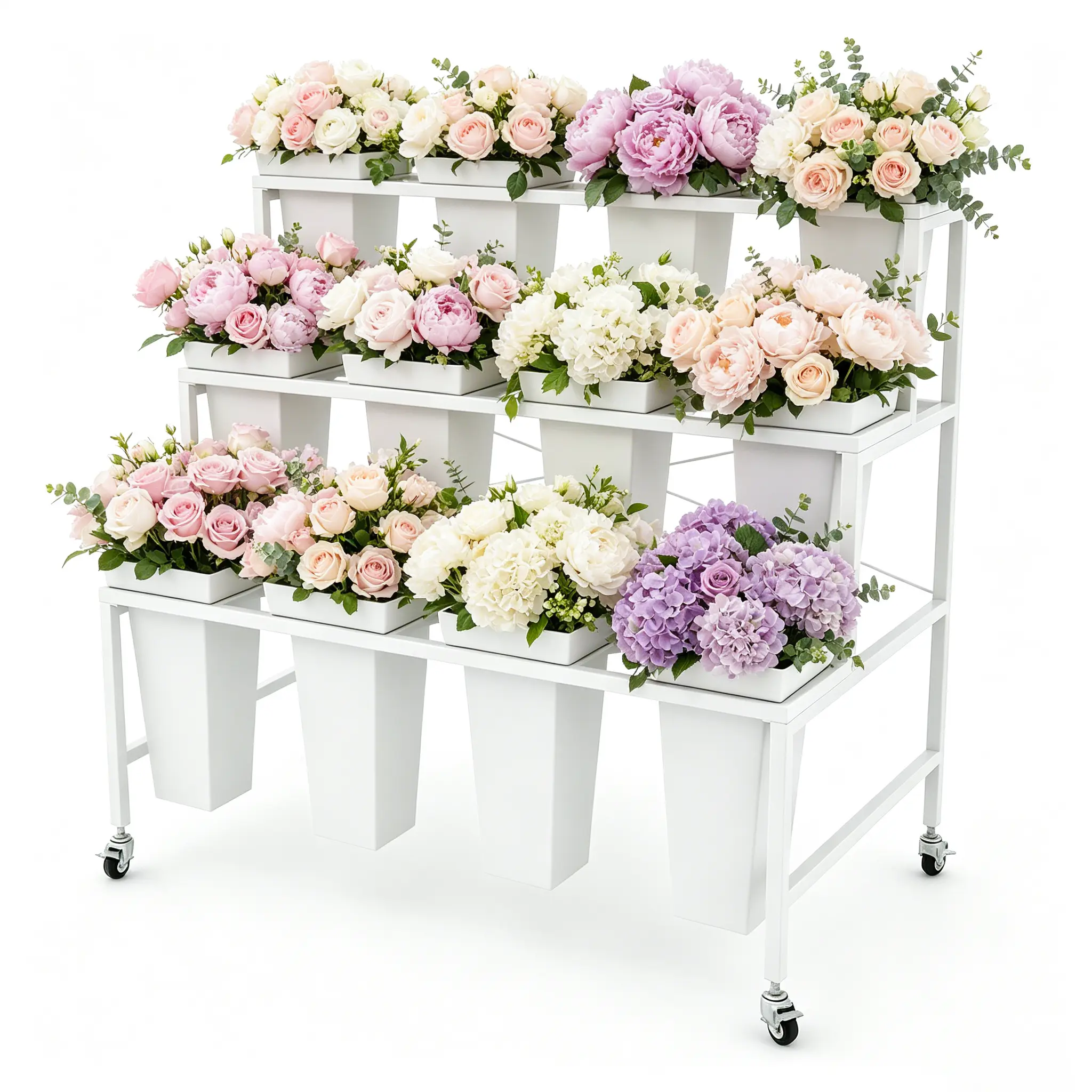 Flower Display Stand with 12 Buckets & Wheels – 3-Tier Mobile Flower Cart, White Metal Flower Bar for Weddings, Florist Shops, Patio, Garden & Home 2-piece set planters patioplants   Elevated Outdoor Garden Planter pot