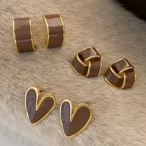 French Vintage Elegance Geometric Heart Glazed Stud Earrings Set, 3 Pairs Stud Earring Sets for Women, Daily Wear, Party, Holiday Events, Stud Earring Jewelry Earrings Studs