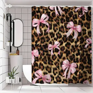1/4 pcs leopard print and pink bow pattern shower curtain set, non-slip floor mat, U-shaped carpet, toilet lid cover, perfect for bathroom decoration, partition, beautify the space, Bathroom Decoration Accessories, 12 shower curtain hooks are included