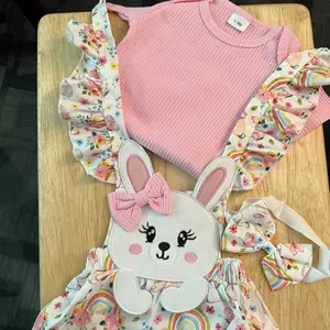 Baby Girl Romper Outfit Set Ribbed Short Sleeve Romper Suspender Skirt with Applique Bib and Headband 3 Piece,Easter Bunny Set