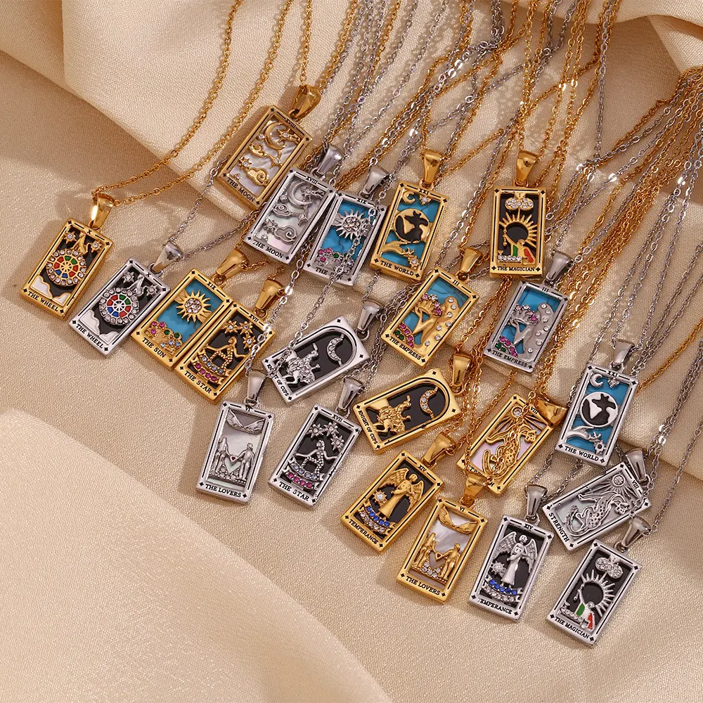 Mystic Tarot Card Pendant Necklace 18K Gold-Plated Stainless Steel Hypoallergenic Colorful Unique Design Tarnish-Resistant Dainty Length Perfect Gift for Astrology Lovers