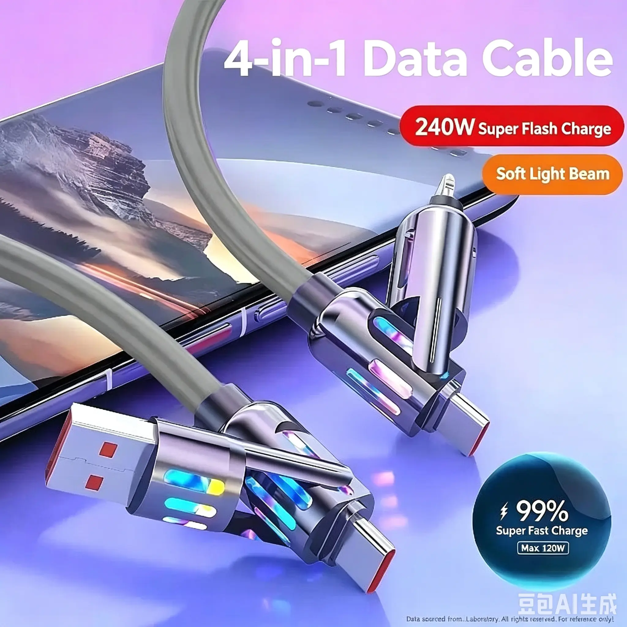 240W 4‑in‑1 Laser Fast Charging Cable, PD Quick Charge Multi‑Function Charger Cord Compatible with iPhone, Xiaomi, Huawei & Android Phones