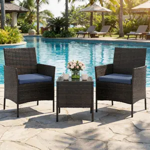 Gaomon 3-Piece Patio Furniture Set, Modern PE Rattan Conversation Set with 2 Chairs & Tempered Glass Coffee Table, All-Weather Porch Furniture for Garden, Poolside, Brown/Navy Blue, Patio Furniture Sets, Porch Furniture Set