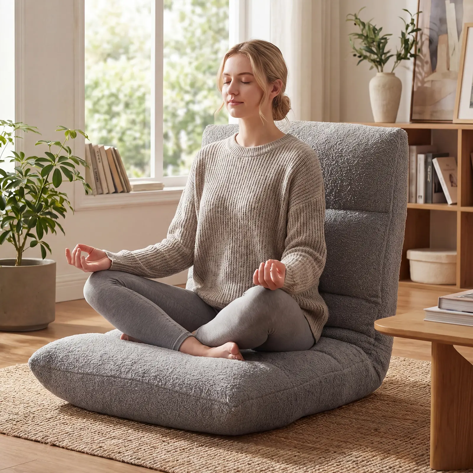 Folding Floor Chair with Back Support, Adjustable 14-Position Floor Seating with Comfy Teddy Velvet for Adults & Kids, Reading, Gaming, Meditation, Watching