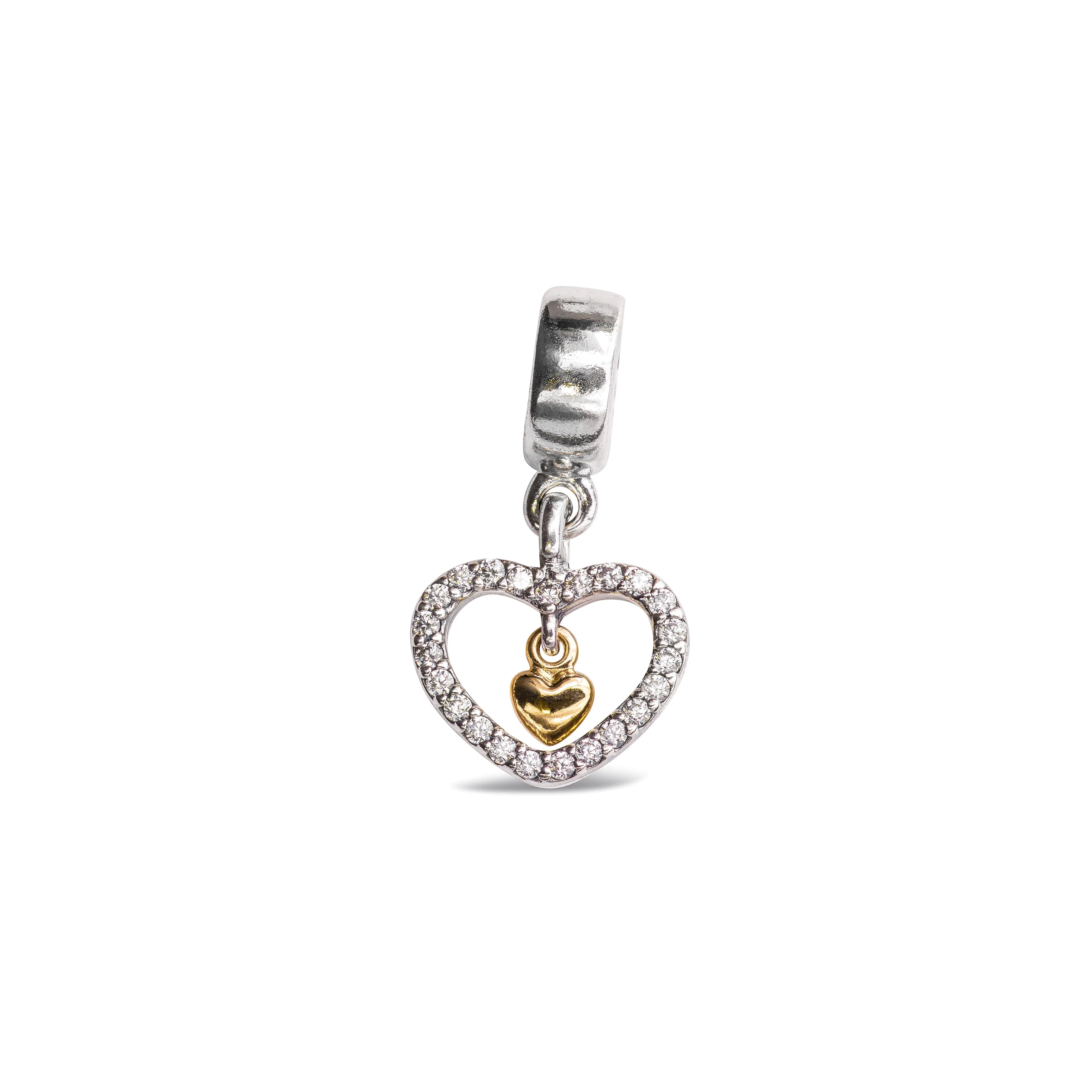 Pandora Forever In My Heart Charm 791421CZ, Heart Shape, Cubic Zirconia, Dangle Charm, Double Dangle, Female, Gold, Personalized Jewelry, Anniversary, Bejeweled Style, Classic