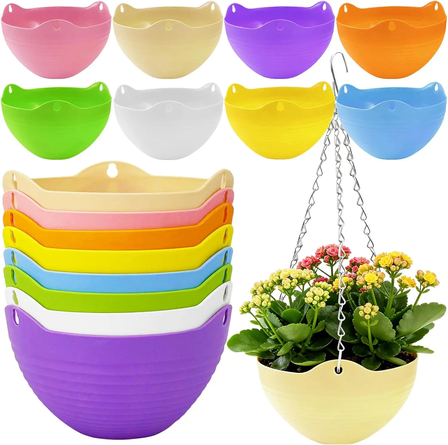 8-Piece 8-Inch Plastic Self-Watering Hanging Flower Baskets Set Pack, Colorful Plant Holder with Drainer and Metal Chain, Indoor Outdoor Garden Container for Home Improvement