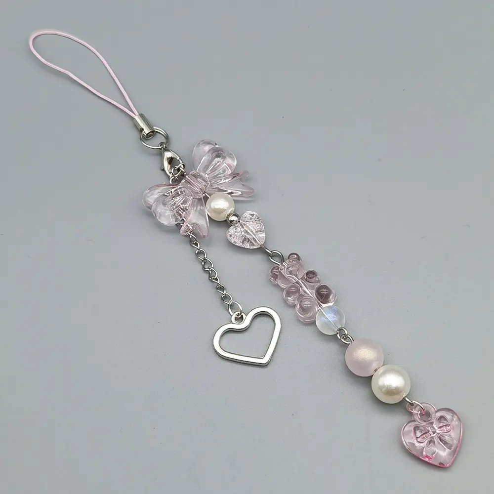 Mobile phone decoration bear pink peach heart butterfly cute girl cartoon decoration hanging chain anti fall mobile phone hanging rope anti packet loss keychain pendant Phone Charms Cell Phone Charm, Phone Accessory
