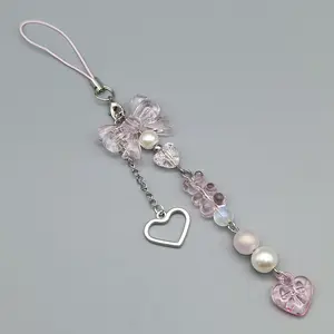 Mobile phone decoration bear pink peach heart butterfly cute girl cartoon decoration hanging chain anti fall mobile phone hanging rope anti packet loss keychain pendant Phone Charms Cell Phone Charm, Phone Accessory
