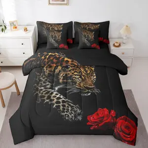 Feelyou 7-Piece Leopard Queen Comforter Set - Cheetah Bed-in-a-Bag with Rose Flower Comforter, Sheets, African Savanna Animal Themed Bedding