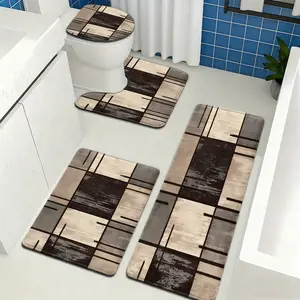 3/4 Piece Set Geometric Plaid Flannel Bathroom Mats, Non-Slip Soft Bath Rugs, U-Shaped Toilet Mat, Washable Floor Mats for Bathroom, Tub and Vanity Area