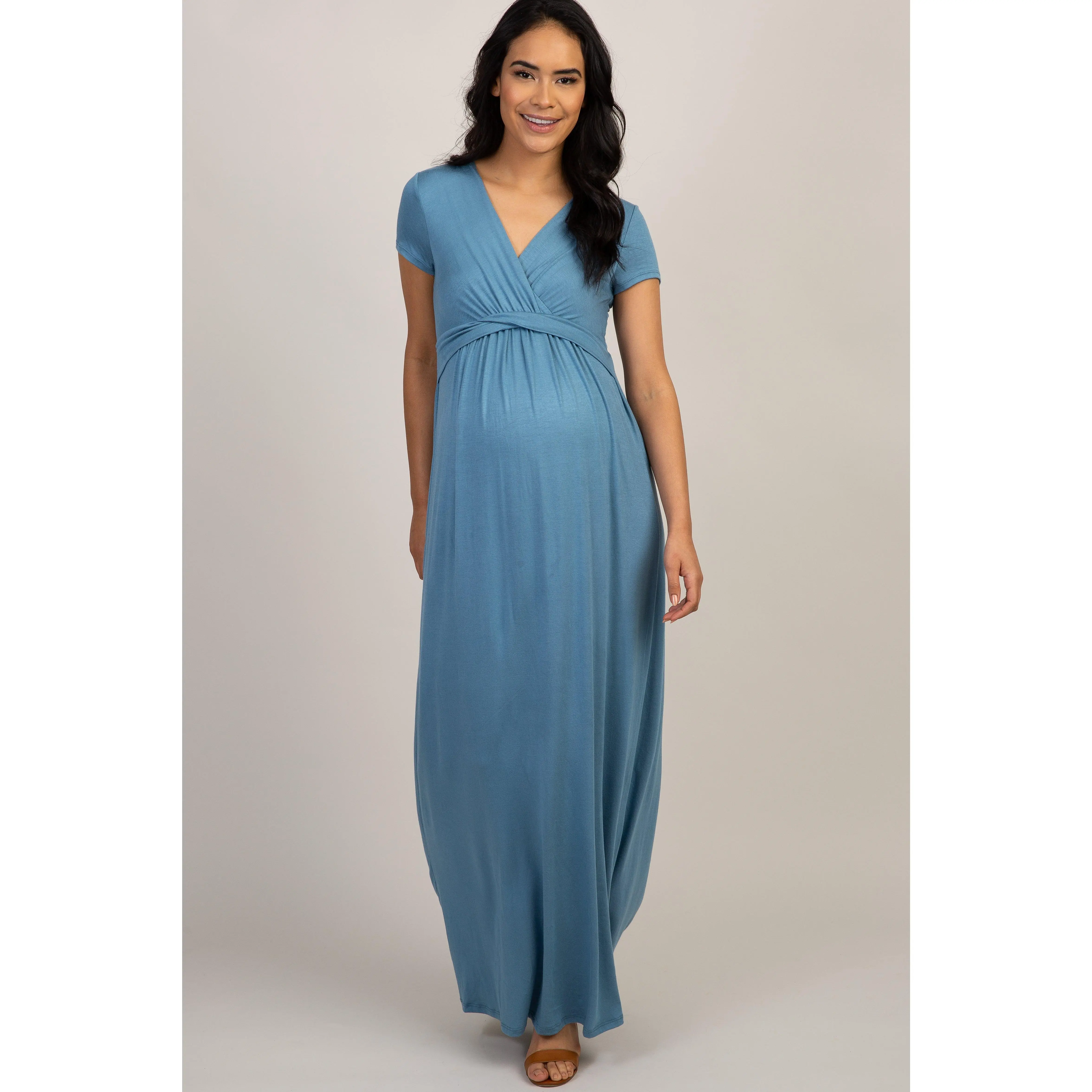 PinkBlush Petite Blue Draped Maternity/Nursing Maxi Dress