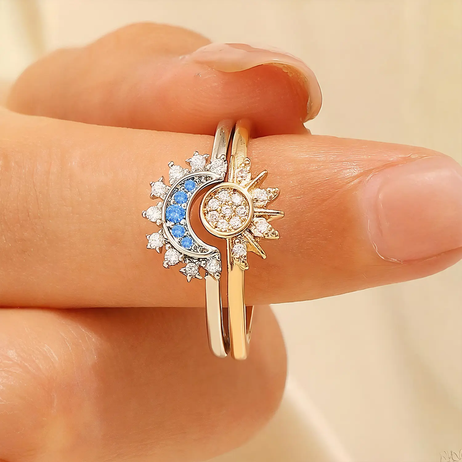 Sun & Moon Stackable Rings, Matching Celestial Couple Ring Set with Sparkling Rhinestones, Adjustable Friendship Promise Jewelry Gift for Best Friend Girlfriend Boyfriend