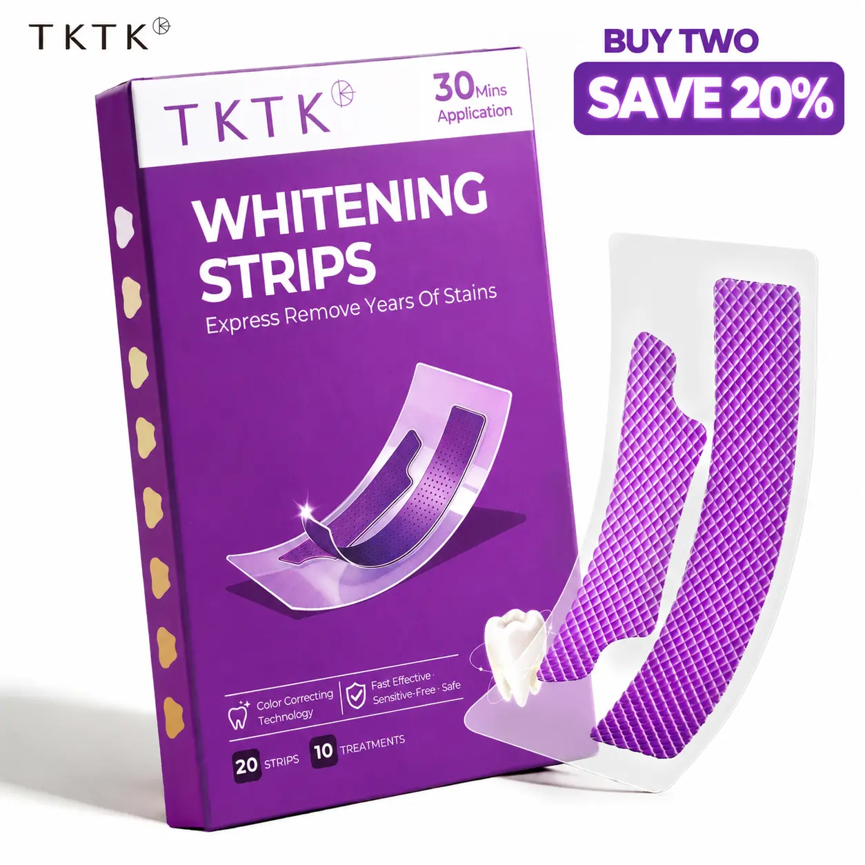 TKTK Purple Teeth Whitening Strips - Color Correcting Technology, 10 Treatments (20 Strips), Peroxide-Free - Non Sensitive Teeth Whitening #SummerFinds