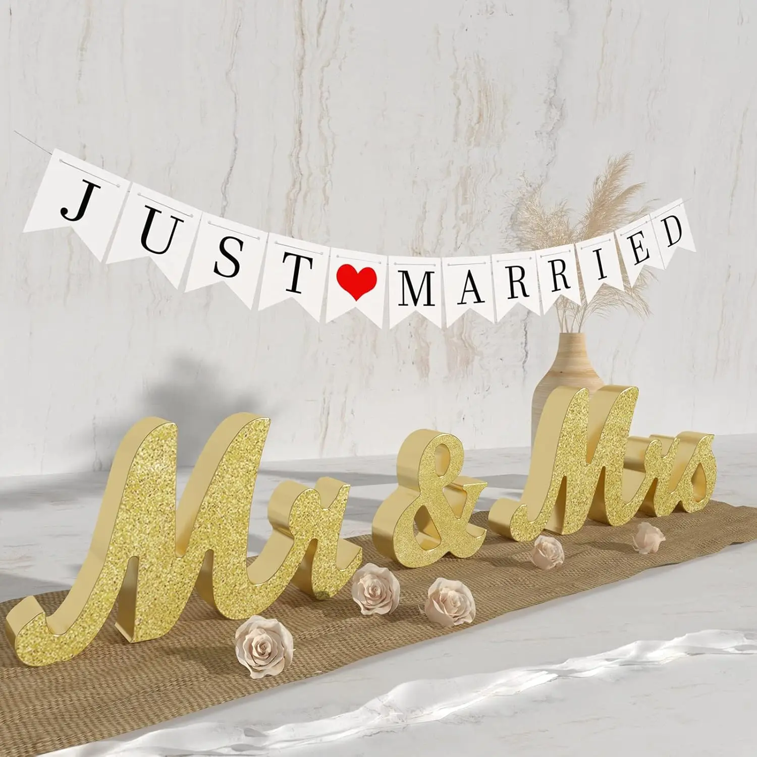 Large Size Gold Wooden Mr and Mrs Sign Set with Just Married Banner - Wedding, Party, Anniversary Decor, Romantic Room Decor, Sweetheart Table Accent, Wedding Photo Prop, Table Decor