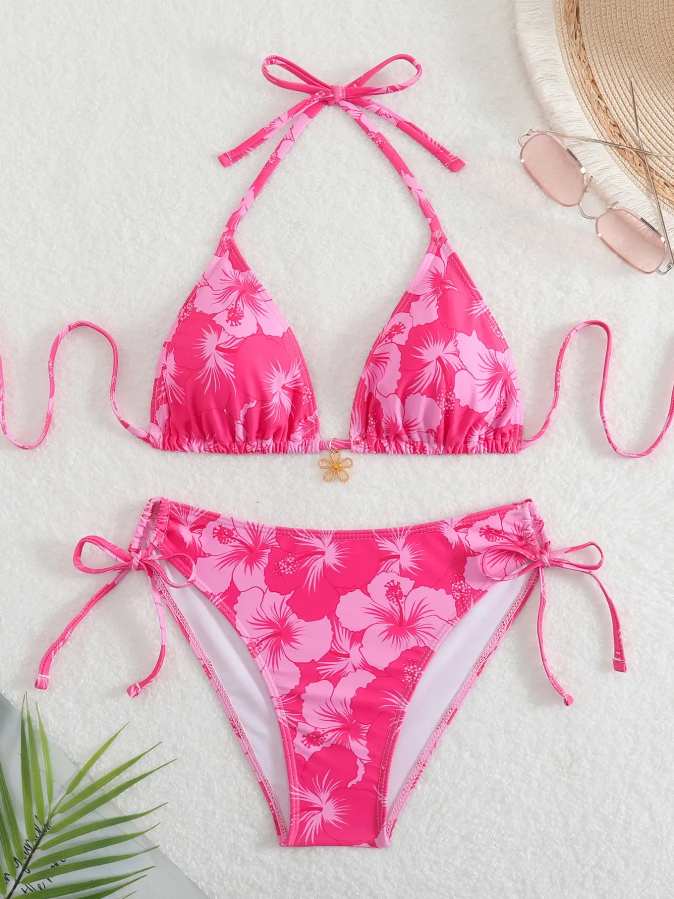 Women's High Waist Bikini Set, Thin Strap Floral Design, Flower Print Swimsuit, Floral Print Swimwear, Two-Piece Swimsuit, Perfect for Beach Vacation and Summer Casual Wear
