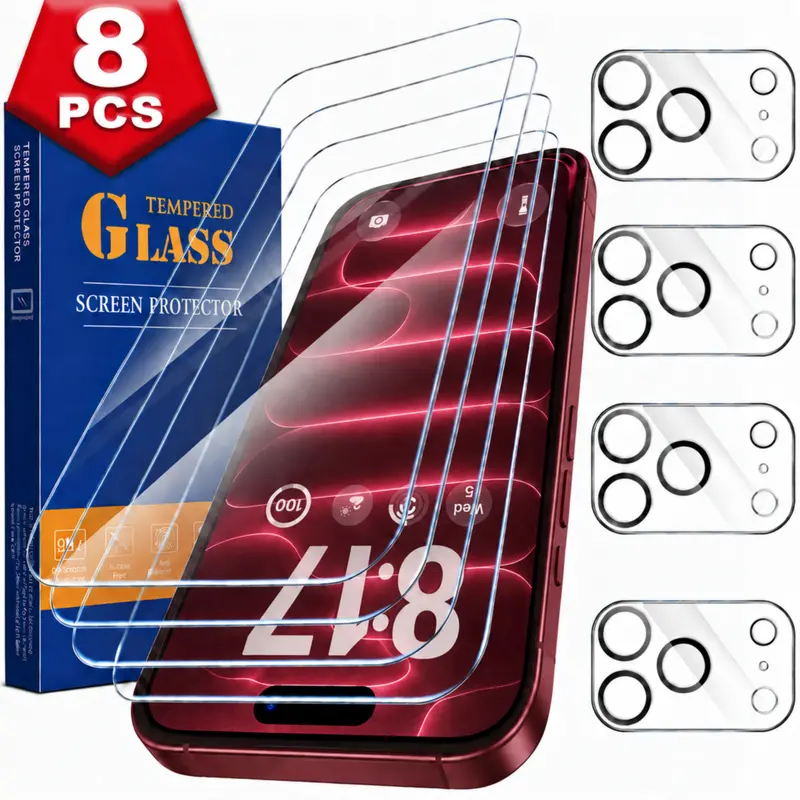 [8 Pcs/set] For 18 17 16 15 14 13 12 11 Pro Max Duo Plus Mini, 4 Pack Tempered Glass Screen Protectors with 4 Pack Camera Lens Tempered Glass Protectors, HD Clear, Scratch Resistant, 9H Hardness, Case Friendly