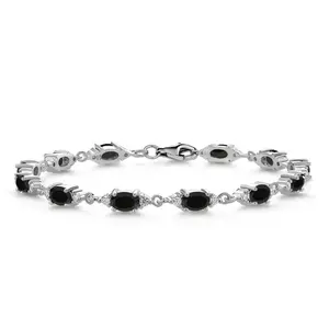 Gem Stone King 5.71 Cttw Black Onyx and White Moissanite Tennis Bracelet For Women | 925 Sterling Silver | Gemstone Birthstone | Oval 6X4MM | 6.5, 7, 7.5 Inch