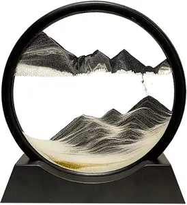 Moving Sand Art Picture Decor, 3D Deep Sea Sandscape Liquid Motion, Round Glass Frame Display Flowing Sand Relaxing Gift for Kids Adults Home Office Work Desktop Decoration Toy (Black, 7")
