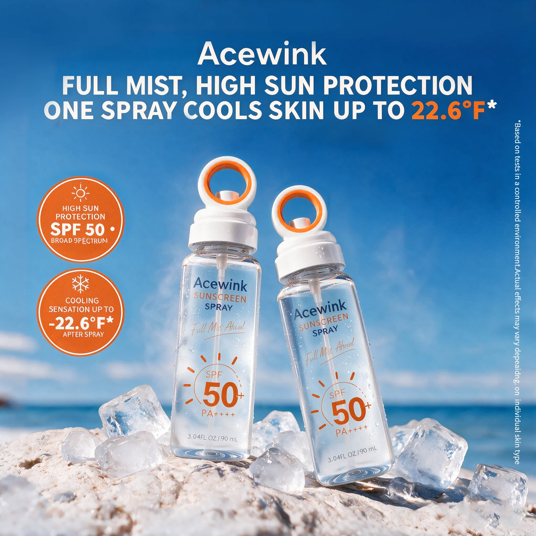 Acewink Sunscreen Spray SPF 50+ PA++++, Instant Cooling Mist Cools Skin On Contact, No White Cast, Lightweight Non-Greasy Sun Protection for Face & Body, Reapply Over Makeup, Non-Aerosol Travel Size 3.04 fl oz for Beach Pool & Outdoor