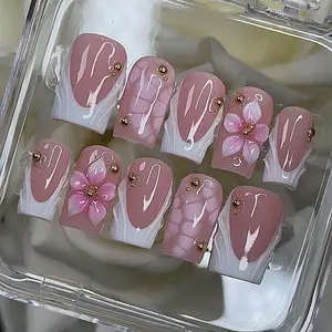 yonne Pastel Shell Bloom Press-On Nails, 3D Pink Flowers, White French Tips, Shell Texture Accent, Glossy Nude Base, Dreamy Handmade Nail Set