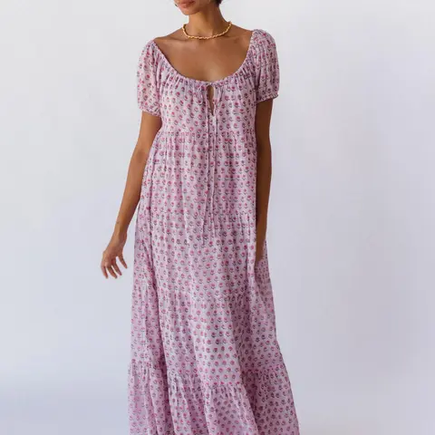 Women's Bohemian Floral Print Chiffon Maxi Dress - Tie Design, Loose Drape, Lightweight Sheer Fabric, Casual Long Dresses for Women, Boho Pattern Womenswear