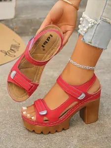 American retro y2k style thick-soled sandals, patent leather, open toe, buckle, chunky heel, waterproof platform, height increase, Summer, Embellished Wedge Sandal