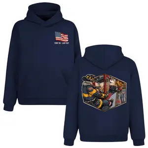 First In Last Out Firefighter Fire Truck Hoodie, 2 Sides, Patriotic American Flag Fireman Rescue Hooded Sweatshirt
