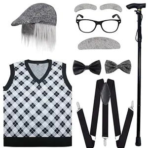 AYJKSEVEN Old Man Costume for Kids 100 Days of School Costume for Boys with Old Man Hat, Old Person Glasses