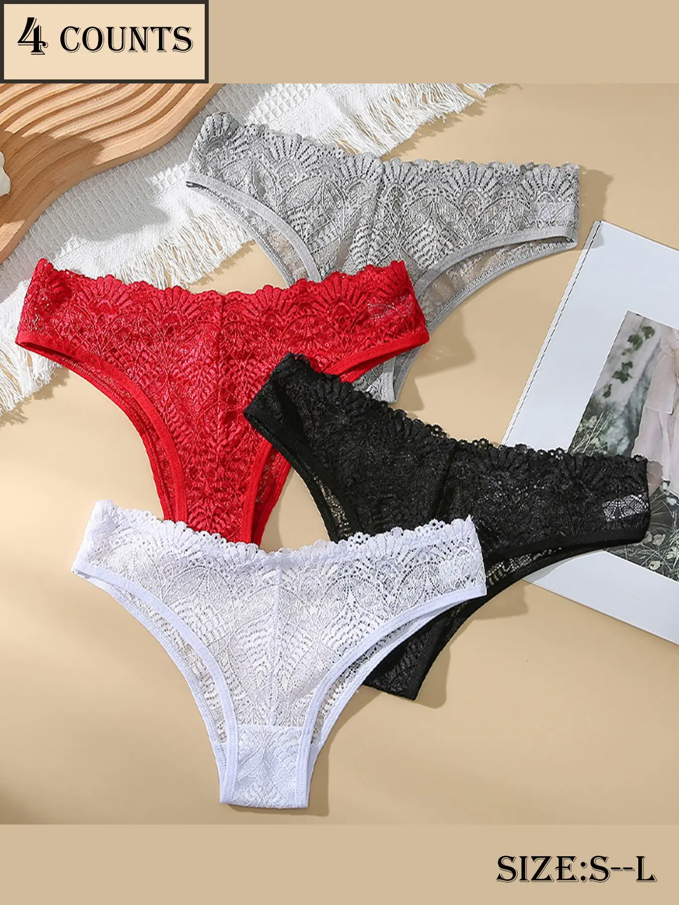 Dorsu Women's High Stretch Lace Thong Fitted Panties Set, Lingerie, Underwear, Fashion Floral Leaf Pattern, Soft Fabric, Comfortable Everyday for All Seasons, Lace Trim Knickers