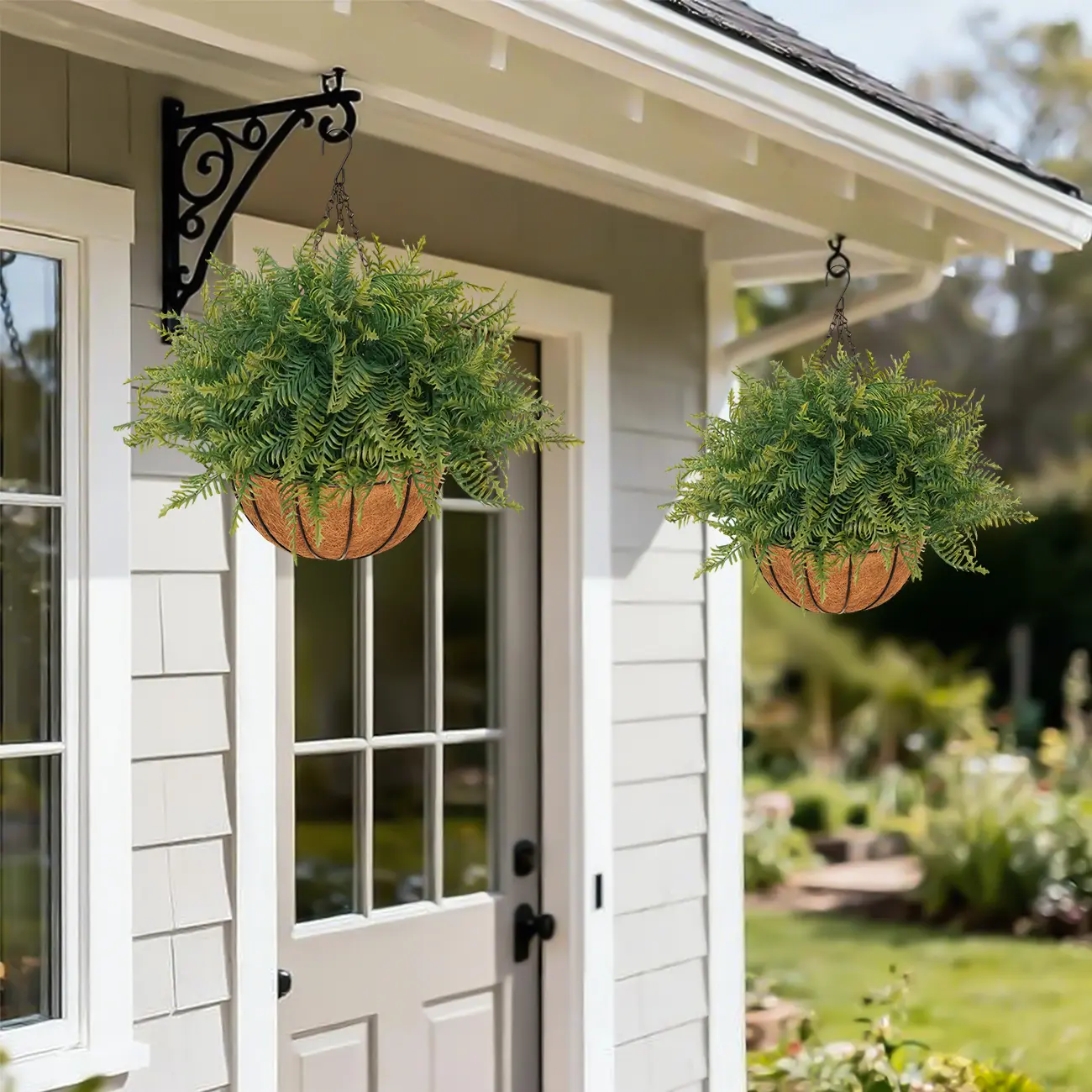 2 Pack Artificial Boston Fern Hanging Plants, No Assembly Required, Large UV Resistant Faux Fern Bushes, Realistic Fake Hanging Greenery for Front Porch, Patio, Balcony & Indoor Home Decor(summerwin)