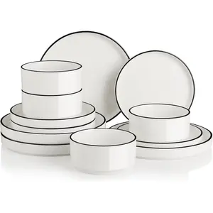 Porcelain Dinnerware Sets for 4, 12 count Ceramic Plates and Bowls Set, Classic Modern Simple Kitchen Dinner Dining Ware Set, Dishwasher and Microwave Safe Dishes Sets(Pure White-Black Rim)