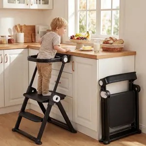 Cowiewie Toddler Tower, Foldable Adjustable Kitchen Step Stool, Montessori Learning Helper for Sink & Counter, Ages 18 Months to 4 Years, CPC Certified, Black