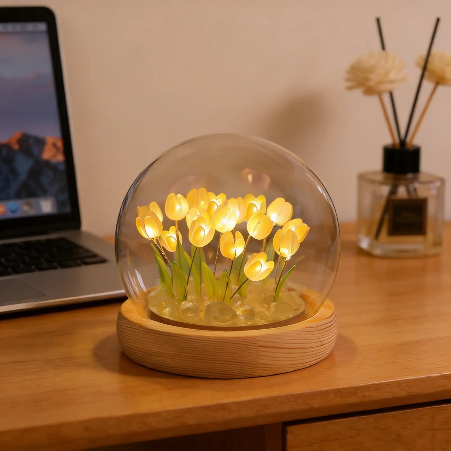 Yellow Glass Tulip Small Desk Lamp - 3.9x3.9 in Soft Glow Indoor Night Light, Home Decoration, Romantic Birthday Gift for Mom (Grandma Included)