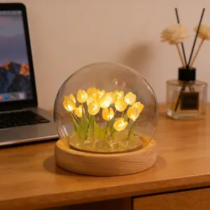Tulips Night Light Small Glass Yellow Flower Lamp for Home Decor Romantic Birthday Flower Gifts for Mom Women Girlfriend Sister Grandma Wife Her